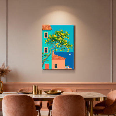 Ensemble de 1 tableau sur toile tendue représentant un citronnier et une maison méditerranéenne
