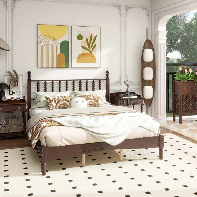 Grand lit plateforme en bois avec tête de lit en forme de gourde, lit plateforme de style rétro avec support à lattes en bois