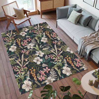 Tapis d'intérieur floral noir audacieux lavable à la machine Rayna Thea