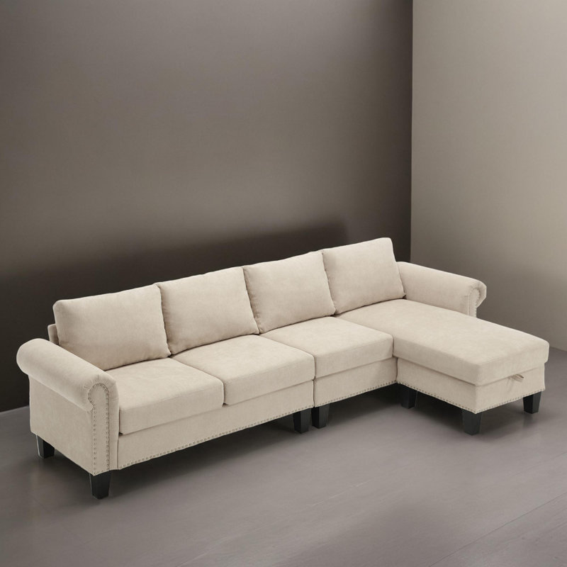 106" Wide L-Shaped Reversible Sectional Sofa, Beige