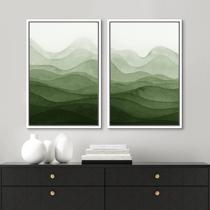 Minimalist Mountains " Emerald Green Mountain Range Abstract Wall Pictures Modern Art Decor Rustic Minimal Bedroom " 2 - Pieces