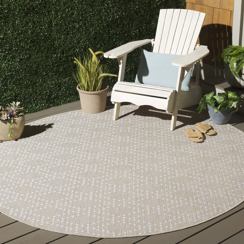 Tapis d'intérieur / extérieur géométrique en polypropylène / polyester Lavaka 850 beige / jaune, Rond 6 pi 7 po