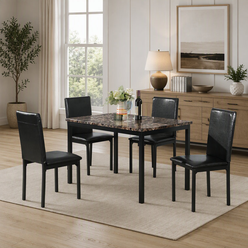 Stylish 5-Piece Metal Dinette Set with Faux Marble Top, Perfect for Family Meals and Gatherings, Easy Assembly and Durable Design