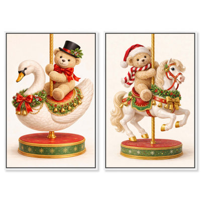 Ensemble de 2 toiles encadrées « Oursons en peluche carrousel de Noël » par Art Remedy, cadre blanc, 20 x 30 cm.
