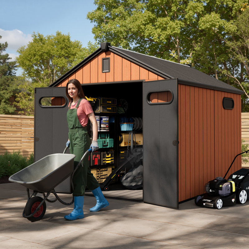 7.5'X9' Rectangular Outdoor Plastic Shed With Metal Frame, And Includes Acrylic Transparent And Vent Windows, And A Floor.