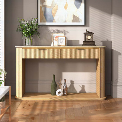 Console cannelée avec plateau en faux travertin, canapé d'entrée de 63 pouces avec garniture or rose, 2 tiroirs et tablette ouverte, table d'appoint de couloir moderne pour le salon