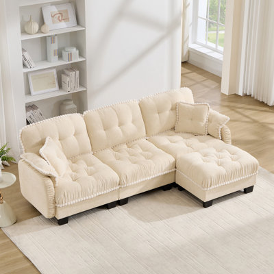 Chenille Cloud L-Shaped Sofa with Movable Ottoman and Quilted Tufted Cushions