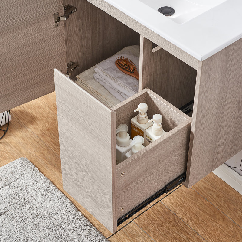 Ensemble de meuble-lavabo mural flottant simple 30 po en chêne avec plateau en céramique