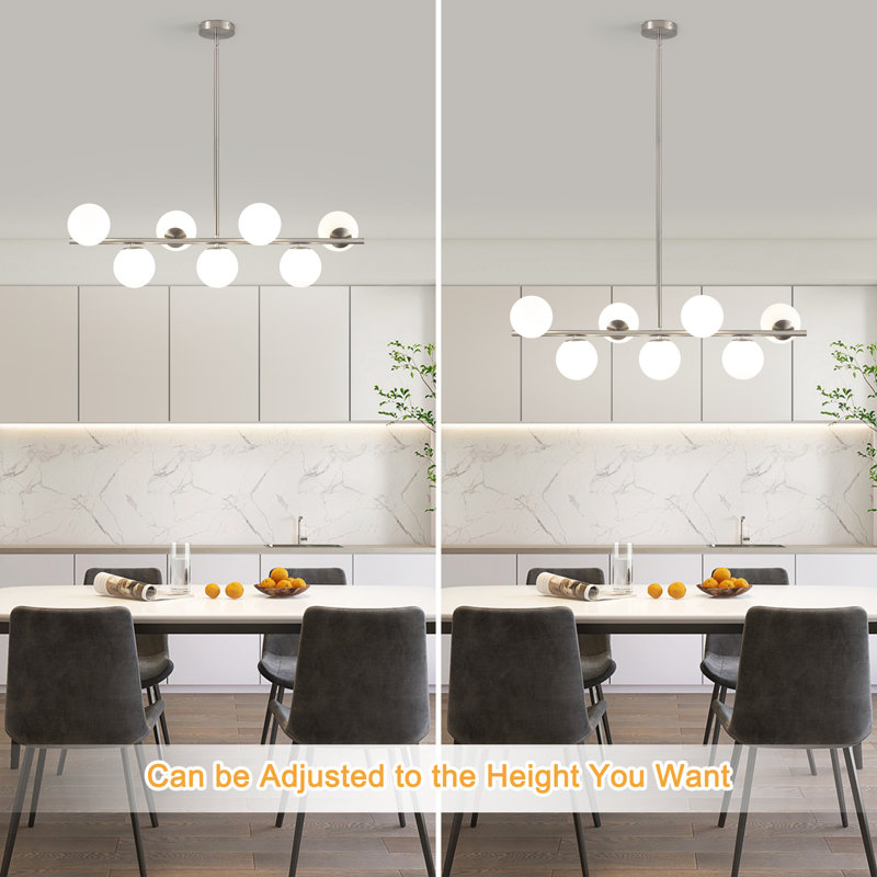 7 - Light 36 inch Dimmable Sputnik Modern Linear Chandelier with White Glass Globe Shade, Nickel