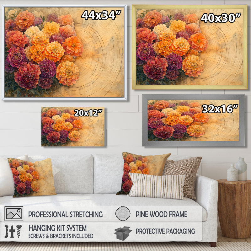Fleurs d'automne de chrysanthèmes sur un plateau en bois I - art mural de chrysanthèmes pour le salon, H 34 po x l 44 po