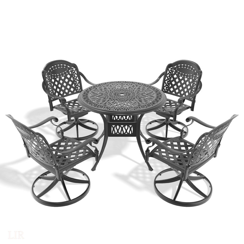 Ensemble de salle à manger toutes saisons en fonte d'aluminium, avec chaises pivotantes et table avec cadre noir