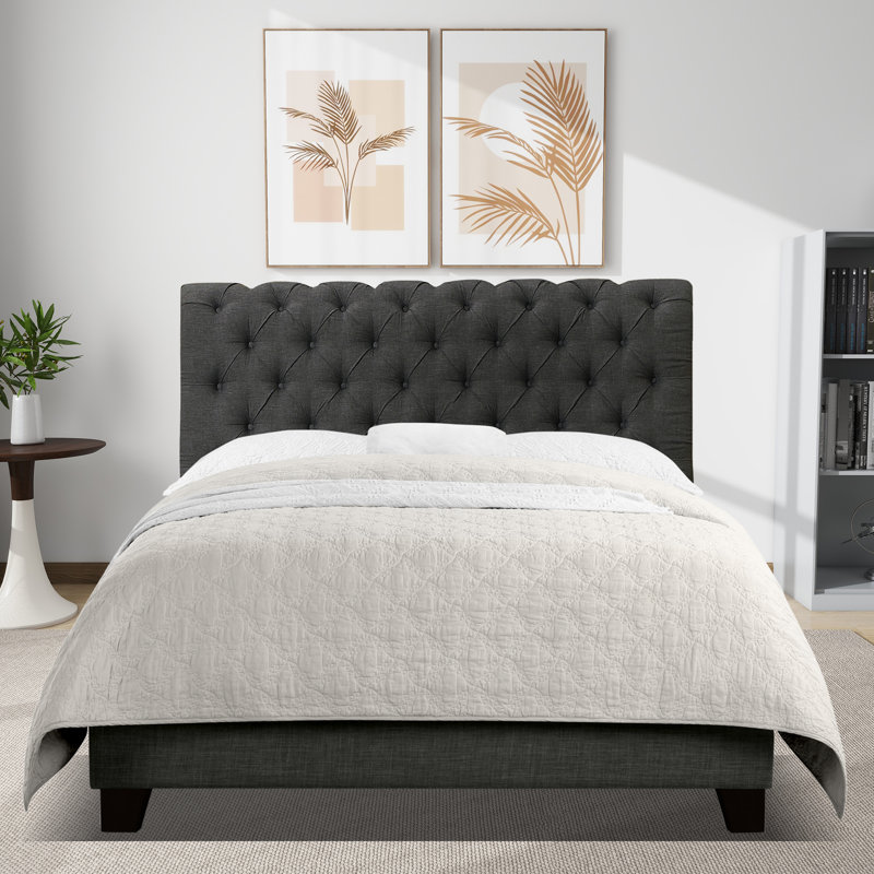 Lit tapissier en tissu, base de lit à hauteur réglable capitonnée, Double, Noir
