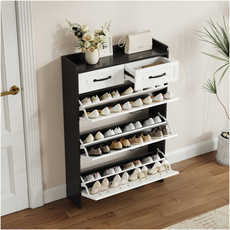 1250 Black Color Shoe Cabinet With 3 Doors 2 Drawers,PVC Door With Shape ,Large Space For Storage, White/Black