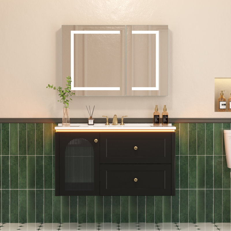 36＂Single Floating Bathroom Vanity With Sink, Wall Mounted Vainty With Motion-Sensor Led Night Light, Black