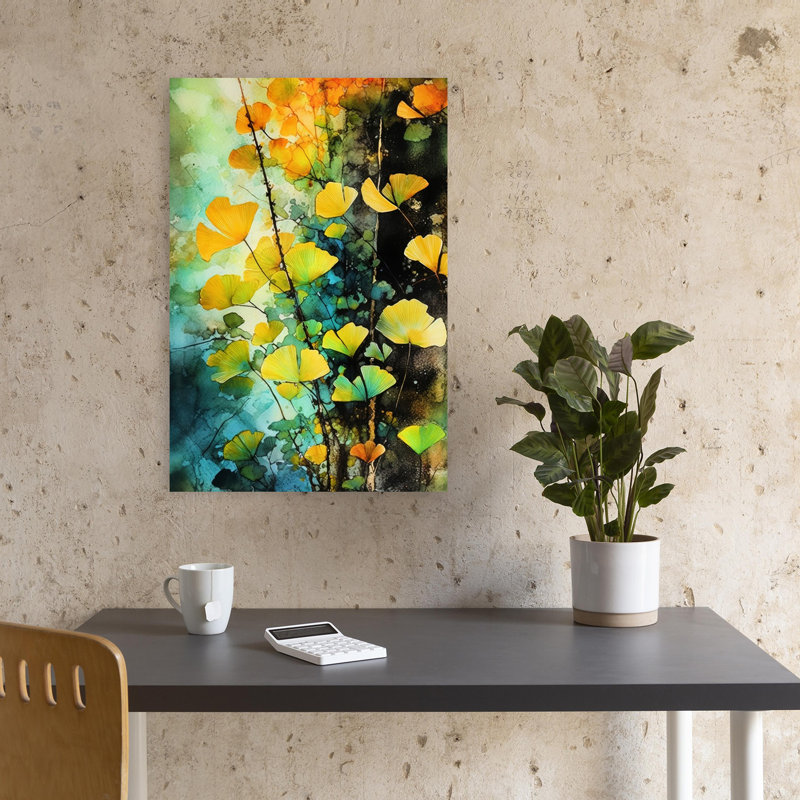 «Vibrant Autumn Ginkgo Abstract Forest Landscape», art mural, H 18 po x l 12 po