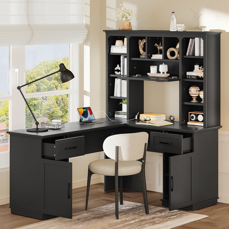 L-Shaped Computer Desk with Open Shelves, Cabinet & Drawers, Black