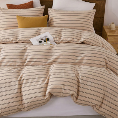 Ensemble de housse de couette pour grand lit, gaze double 100% coton, literie en mousseline à rayures fines abricot beige, housse de couette neutre légère et respirante avec 8 attaches de coin, fermeture à glissière double cachée, 3 pièces