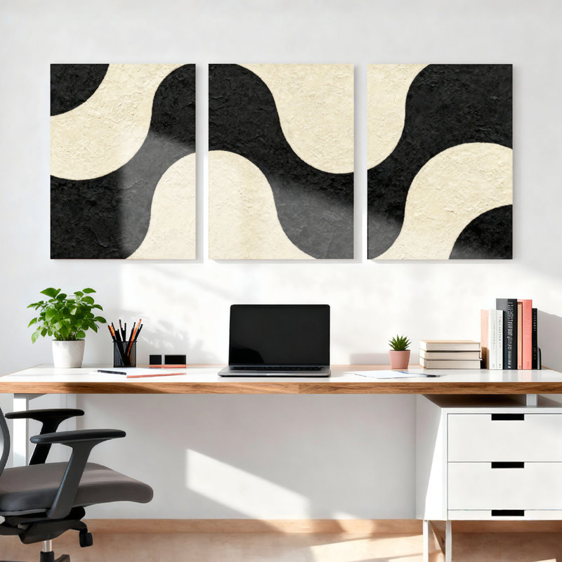 Ensemble de 3 tableaux sur toile à motif ondulé abstrait noir et crème, H 36 po x l 72 po