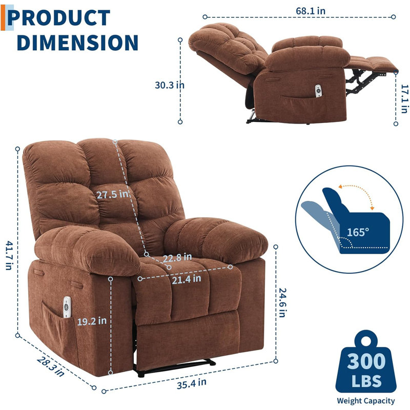 Fauteuil inclinable ergonomique avec massage et chaleur, chaise berçante large, télécommande pour le salon et la chambre à coucher