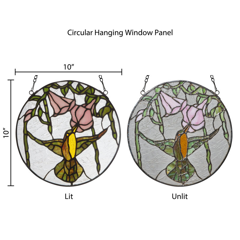 10"H Hummingbird and Hibiscus Round Stained Glass Window Panel