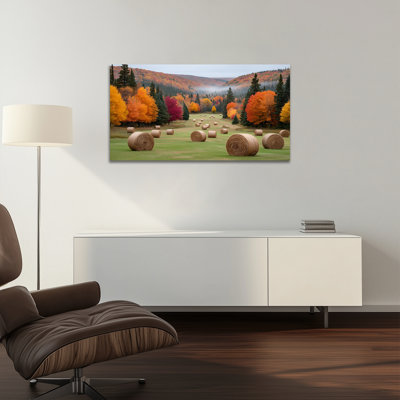 Toile d'automne, art mural d'automne, œuvre d'art rétro pour le salon, peinture de champ de balles de foin, peinture sur toile encadrée, 20 x 40 po