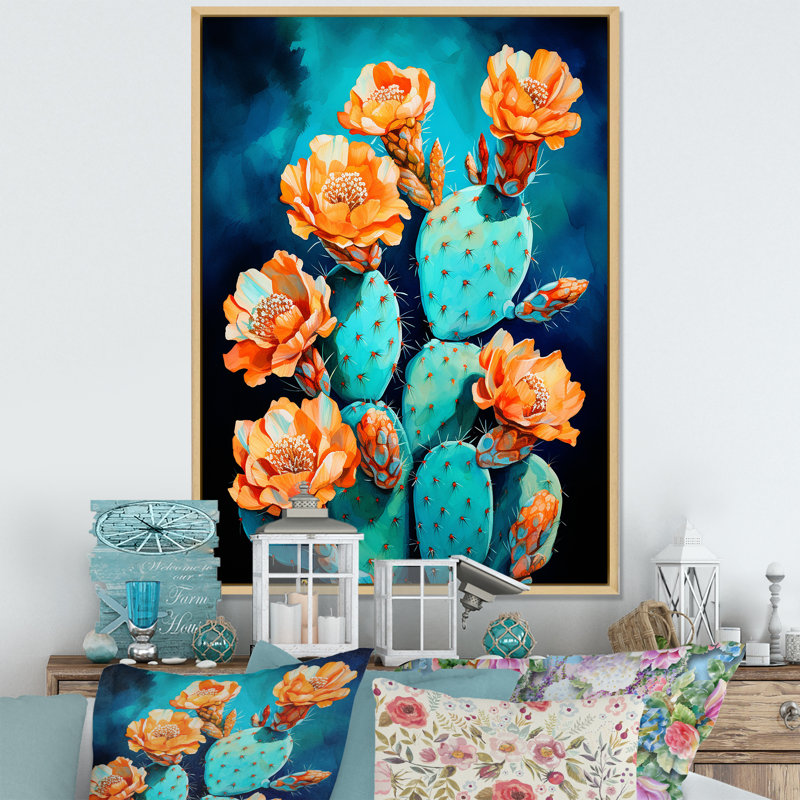 Cactus bleu et bronze brossé sur toile, H 44 po x l 34 po x P 1,5 po, Cadre naturel flottant