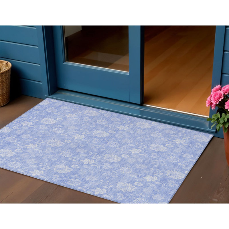 Tapis extérieur lavable floral bleu ciel et ivoire 3 pi x 5 pi bleu denim