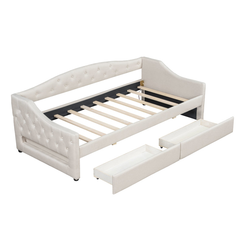 Twin Xl Linen Upholstered Daybed In Beige With Led Lighting, 2 Storage Drawers, And Functional Design Upholstery, Belt, Slats For Consistent Use