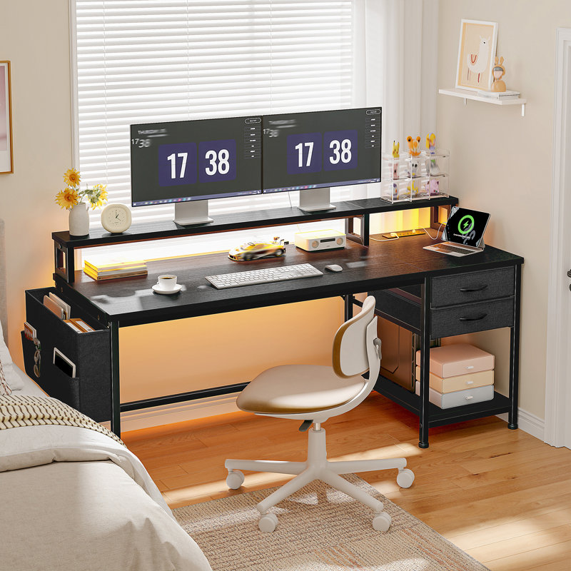 Bureau d'ordinateur avec support pour moniteur et prise de courant et 2 tiroirs et poche latérale, bureau de jeu avec lumières DEL