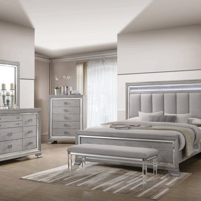 1Pc Light Gray Finish 2 Storage Drawer Nightstand End Table Mirrored Accents Beautiful Solid Wood Wooden Furniture