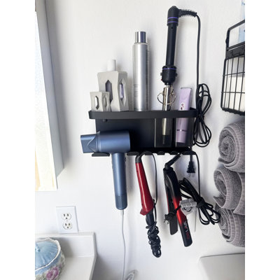 Wall Mounted Hair Dryer Holder with Storage Shelf & Removable Boxes, Rustproof Space Aluminum Organizer for Bathroom & Salon