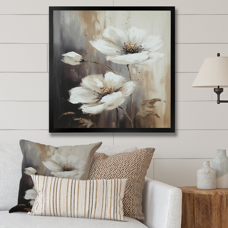 Hibiscus blanc et brun II - impression, Cadre photo noir, H 16 po x l 16 po x P 1 po