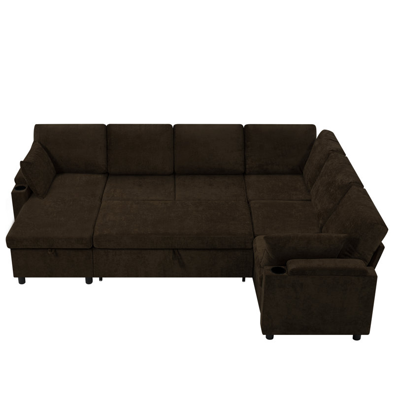 110" Modular Chenille Sofa With Usb Charging Ports, Sectional U-Shaped Sofa With Pull-Out Bed, Sleeper Couch With Storage Chaise For Living Room