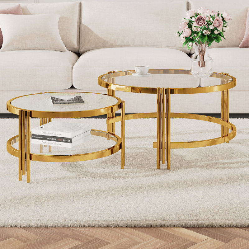 Ensemble de 2 tables basses gigognes modernes en verre texturé et fini doré, avec dessus en verre trempé, pour salon.