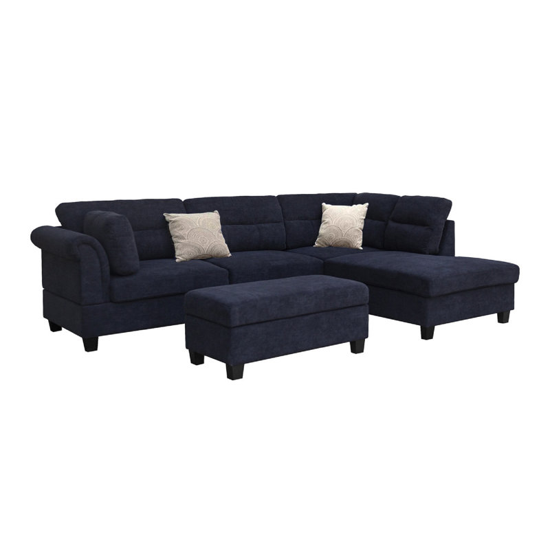 Ari 100 Inch Sectional Sofa Set W Storage Ottoman, Black Tufted, 2 Pillows, Black Polyester Blend