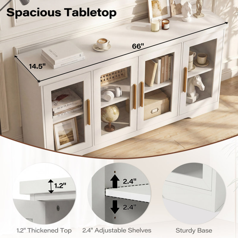  66" W Modern Sideboard Buffet Cabinet with Glass Doors & Adjustable Shelves, White