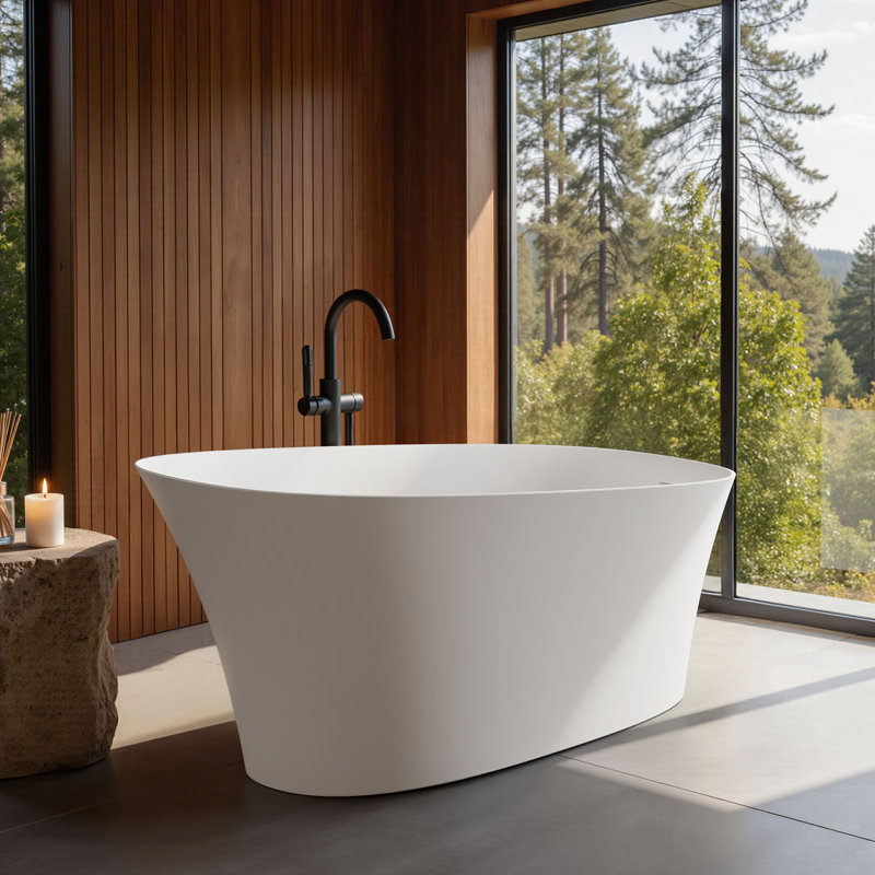 PetalEdge 67"×30" Freestanding Solid Surface Resin Stone Bathtub, 14.5" Deep Soaking Tub with Overflow, Pop-Up Drain