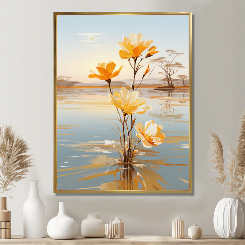 Fleurs jaunes printanières dans le lac - Art mural floral, Toile avec cadre flottant or, H 40 po x l 30 po x P 1,5 po