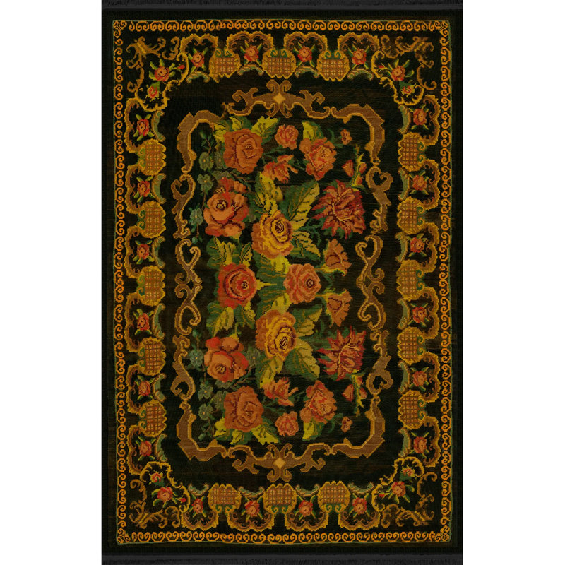 Tapis décoratif noir à motif de roses à motif traditionnel noir, Rectangle 4 pi 11,06 po x 7 pi 6,55 po