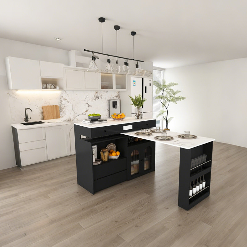 Adjustable Kitchen Island Cart with Seating for 2-4 | Rotating Countertop, Storage Drawers, Glass Display Cabinet & Sockets | Modern Freestanding Breakfast Bar