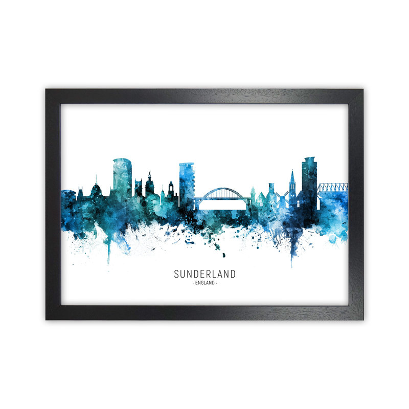 Sunderland England Skyline Blue City Name by Michael Tompsett - 1 Piece Wall Art, 25cm H x 34cm W x 3cm D, Black Framed