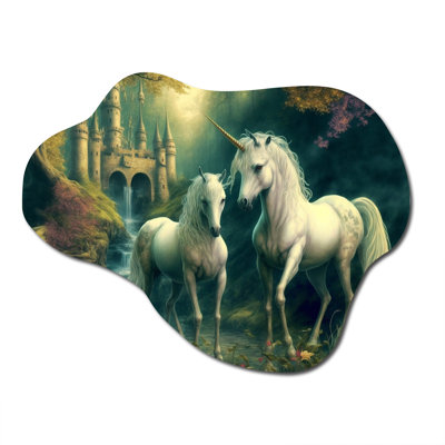 Two Gracious Unicorn In Fantasy Landscape - Animals Horse Cloud Shape Assymterical Metal Wall Art