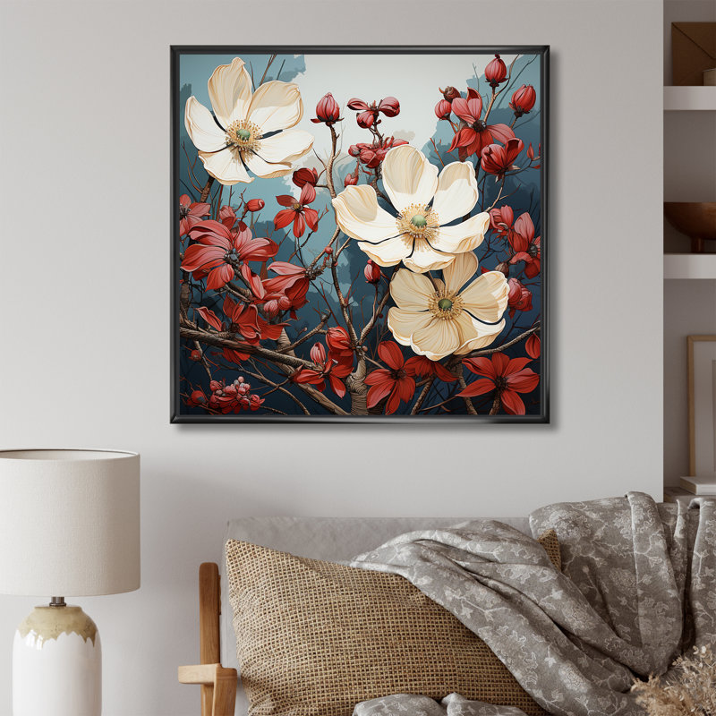 Fleur de cornouiller tranquille blanche et rouge II - cornouiller, H 16 po x l 16 po x P 1 po, Cadre flottant noir