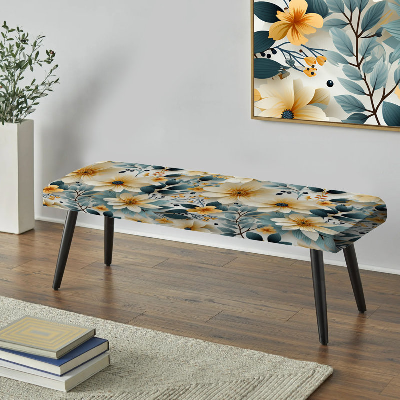 White And Green Geometric Beige Floral Beauty - Floral Upholstered Black Bench
