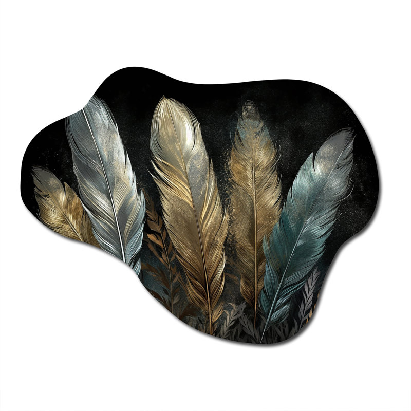 Gold Gilded Feathers II - Unique Shape Glam Feather Metal Wall Art, Freeform Metal Wall Sculpture Print, 27" H x 35" W x 1" D