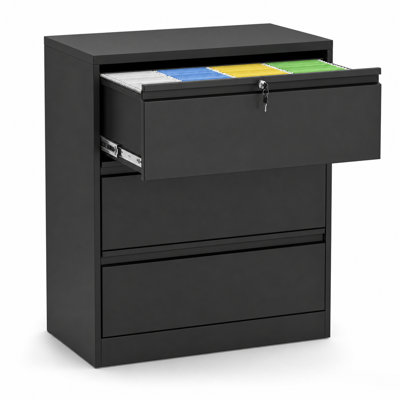 Black 3-Drawer Lateral File Cabinet with Lock, Metal Filing Cabinet for Letter and Legal Files, Full-Extension Drawers for Home Office