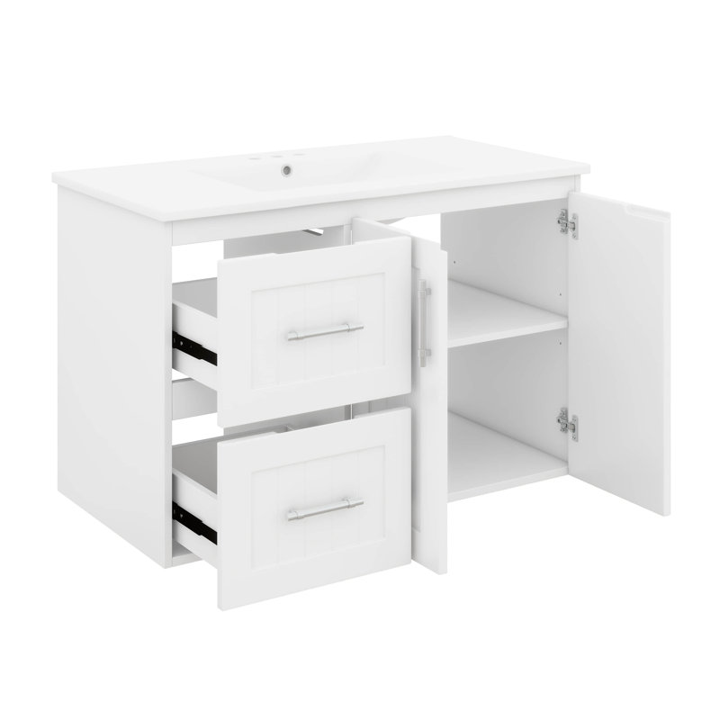 Meuble-lavabo mural 36 po, armoire de rangement flottante avec 2 tiroirs, lavabo 3 trous, tablette réglable, Blanc