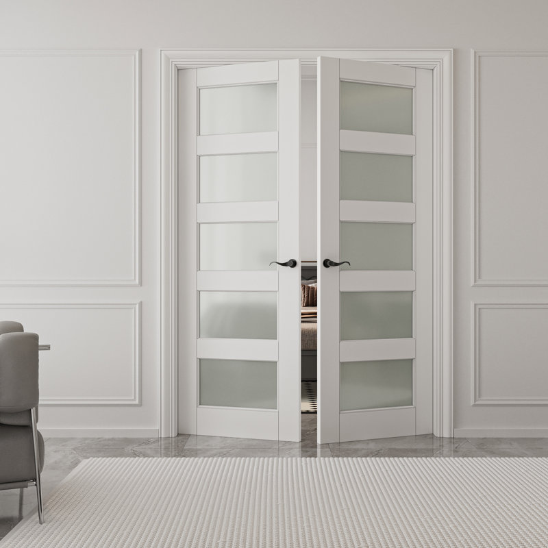 56 in. x 80 in. White Frosted Glass Solid Core MDF Double Prehung French Door