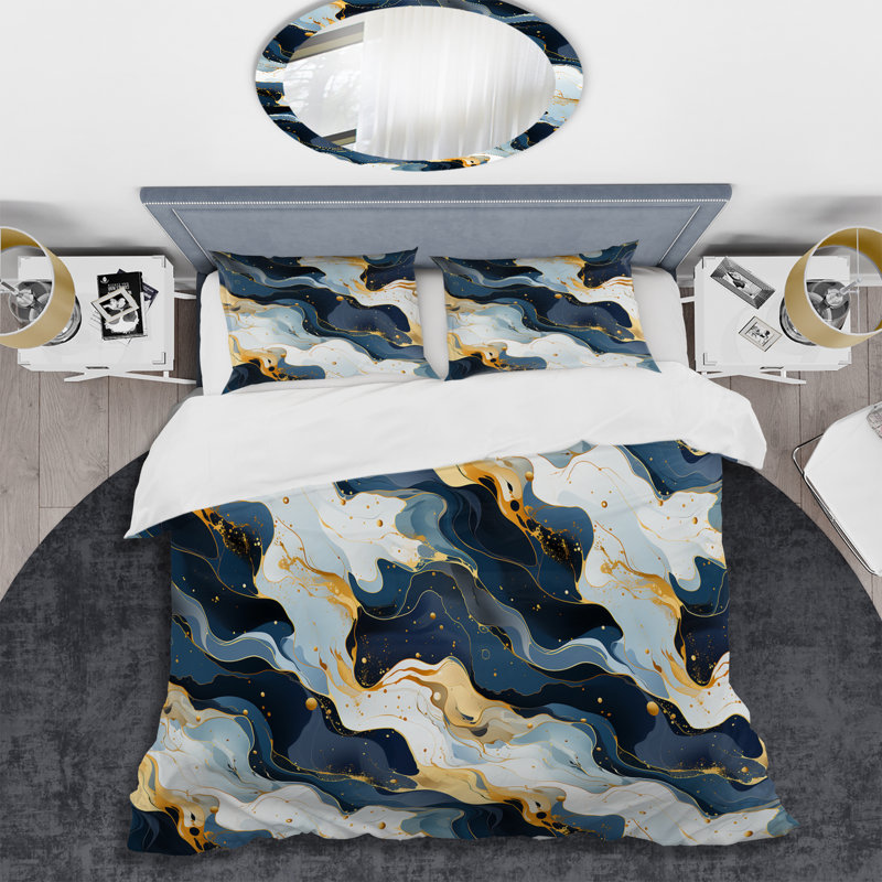 Ensemble de housse de couette en marbre bleu et rouge Elegance, Housse de couette simple + 1 taie décorative stan
