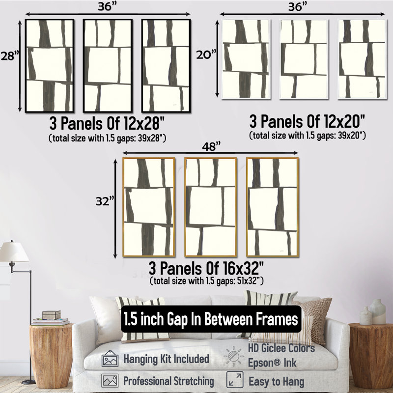 Minimaliste noir et blanc I - ensemble d'art moderne encadré sur toile Mid-Century, Or, H 32 po x l 48 po x P 1 po